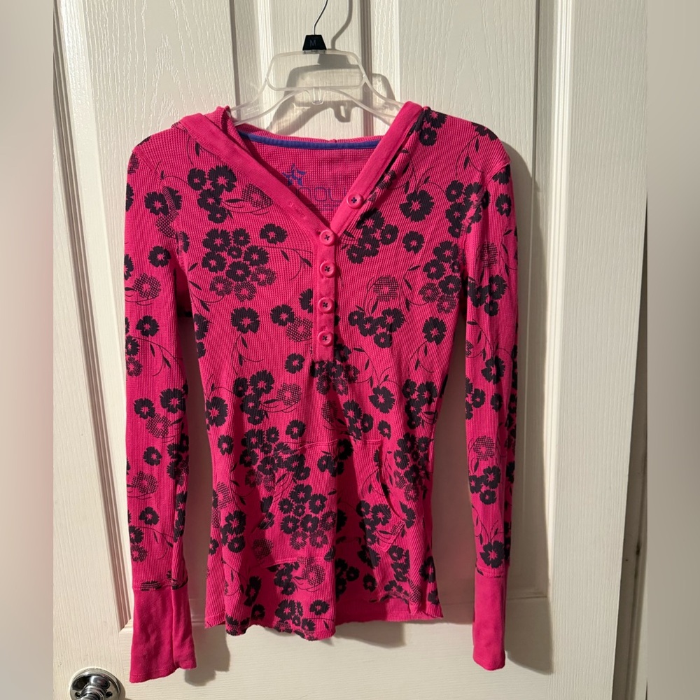 Nollie Hot Pink Button-Up Waffle Knit thermal with hood